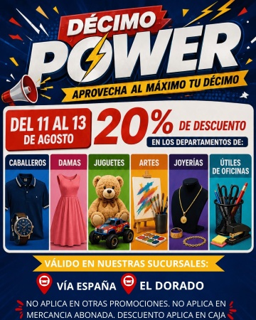 Descuento del 20% Departamentos Seleccionados.
11 al 13 agosto.
Aplican restricciones